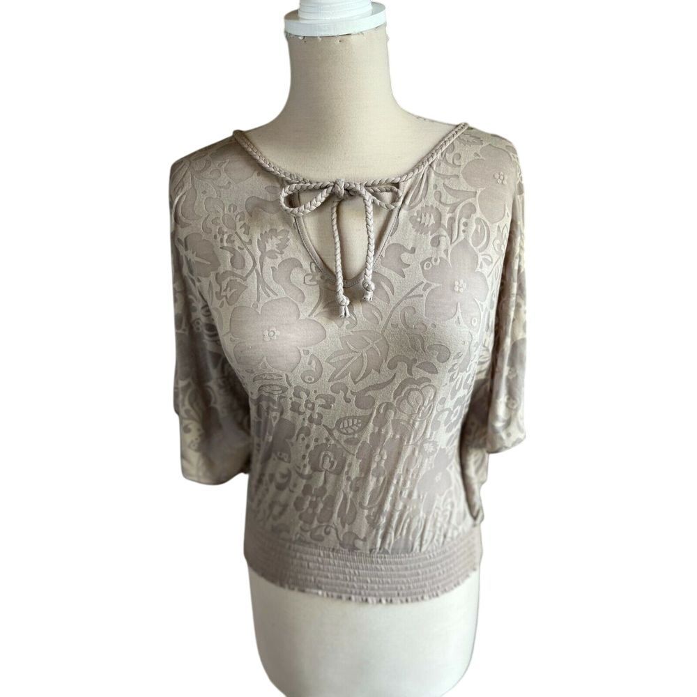 Express Floral Burnout Tie-Neck Dolman Top Beige Taupe Smocked Waist XS